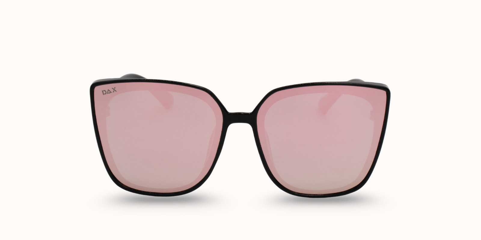 Sunglasses with pink lenses and black frames on a white background