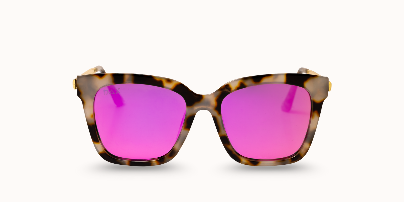 Sunglasses with tortoiseshell frame and pink lenses on a white background
