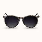 Sunglasses with tortoiseshell frame and dark lenses on a white background
