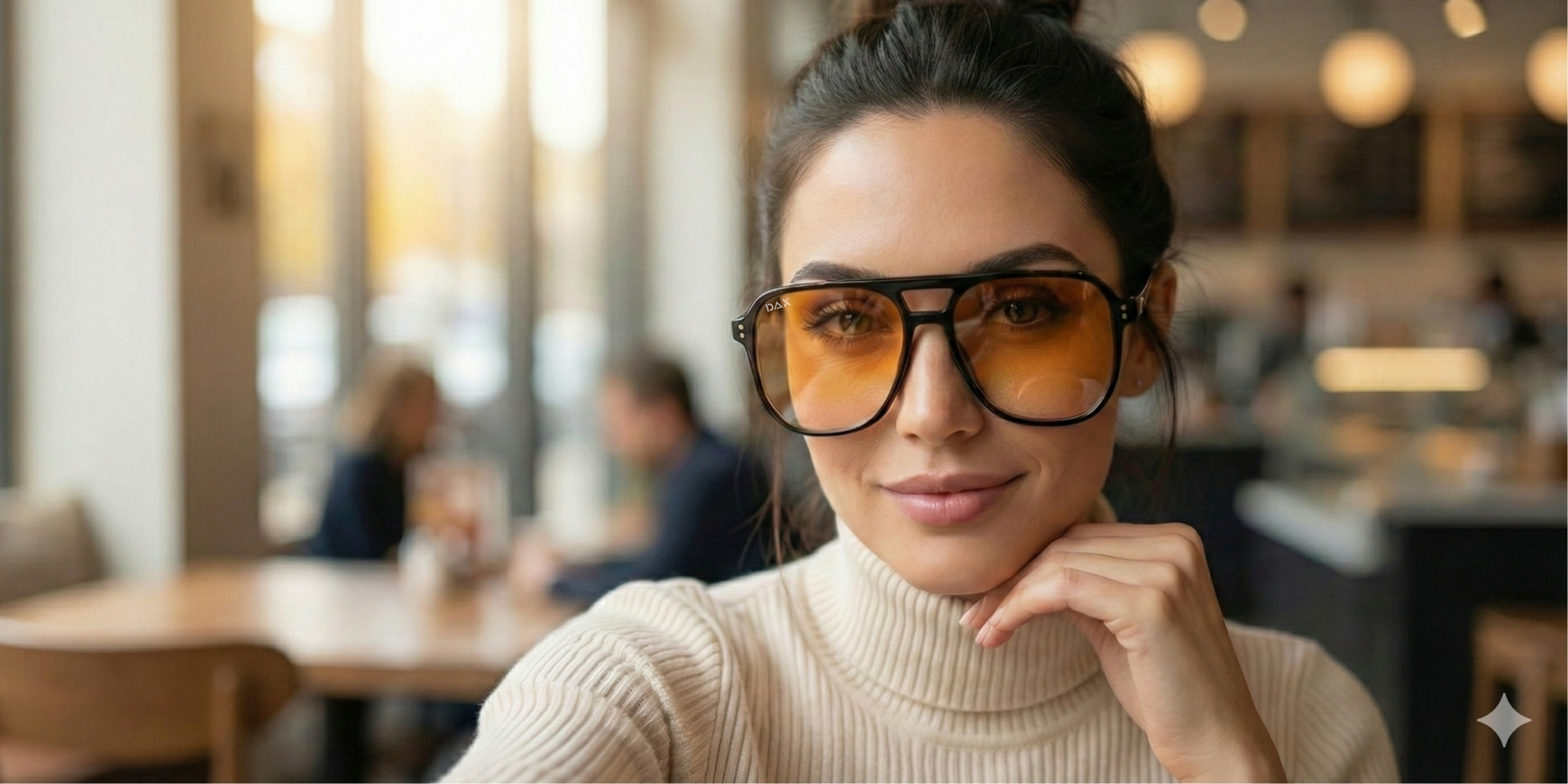 Woman wearing orange-tinted glasses in a blurred indoor setting