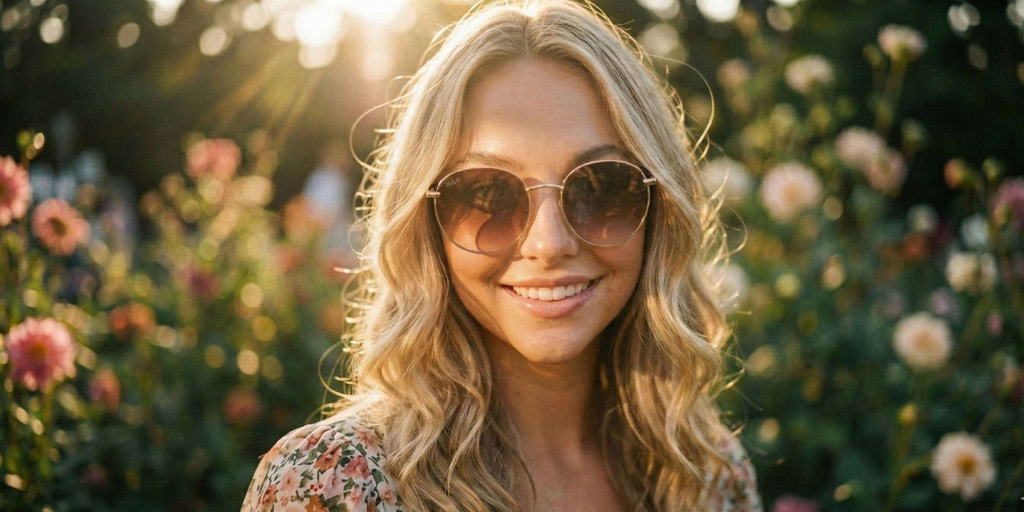 Woman wearing sunglasses in a field of flowers with sunlight filtering through.