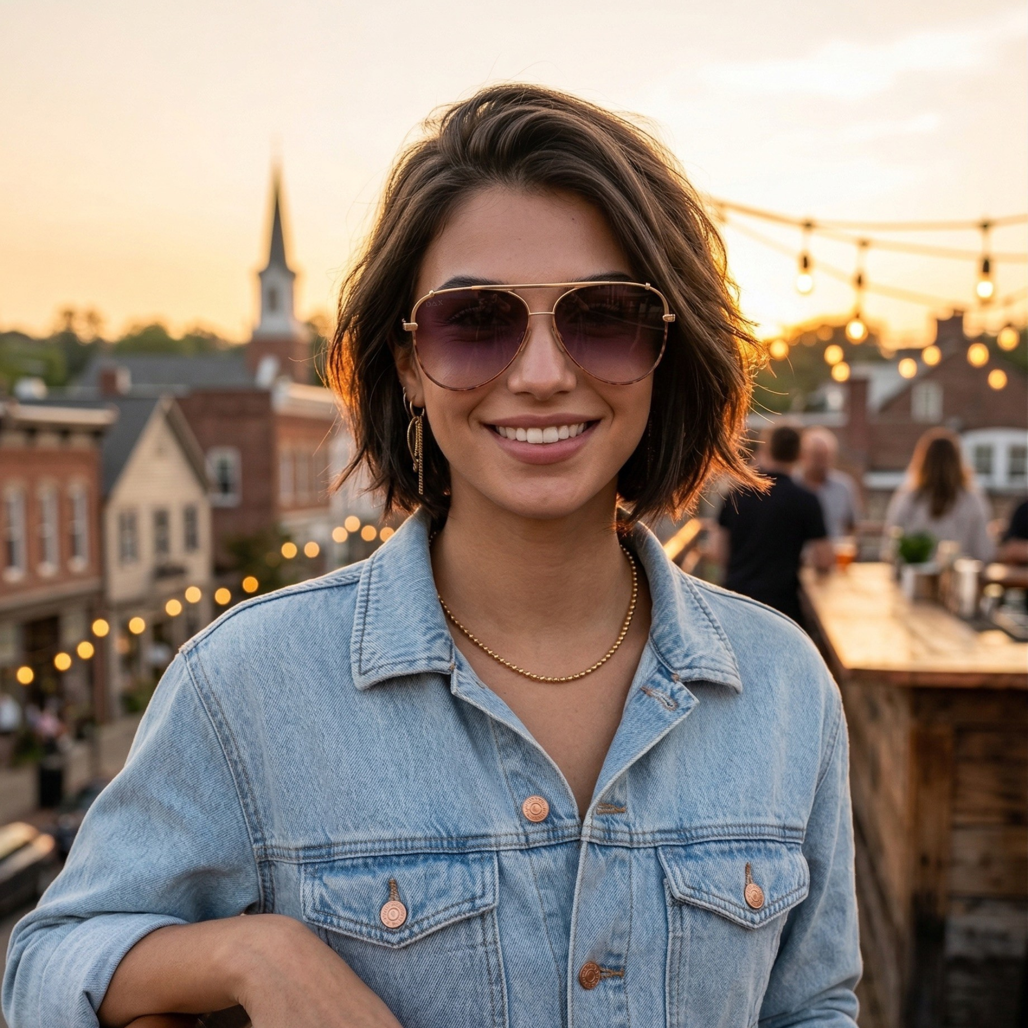 Woman wearing sunglasses and a denim jacket in an outdoor setting with people and buildings in the background.