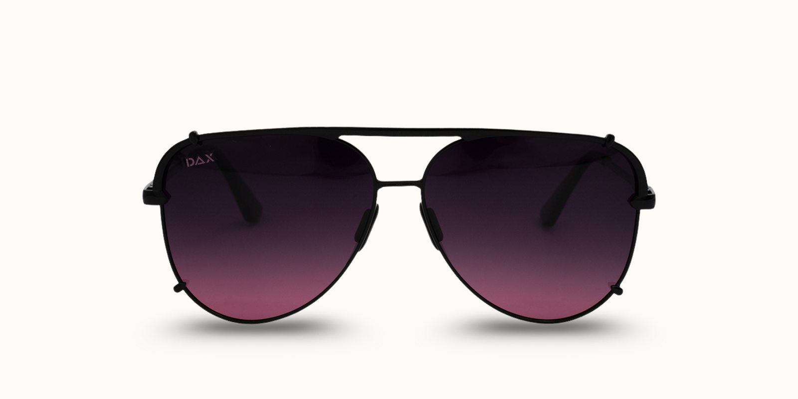 Black aviator sunglasses with gradient purple lenses on a white background