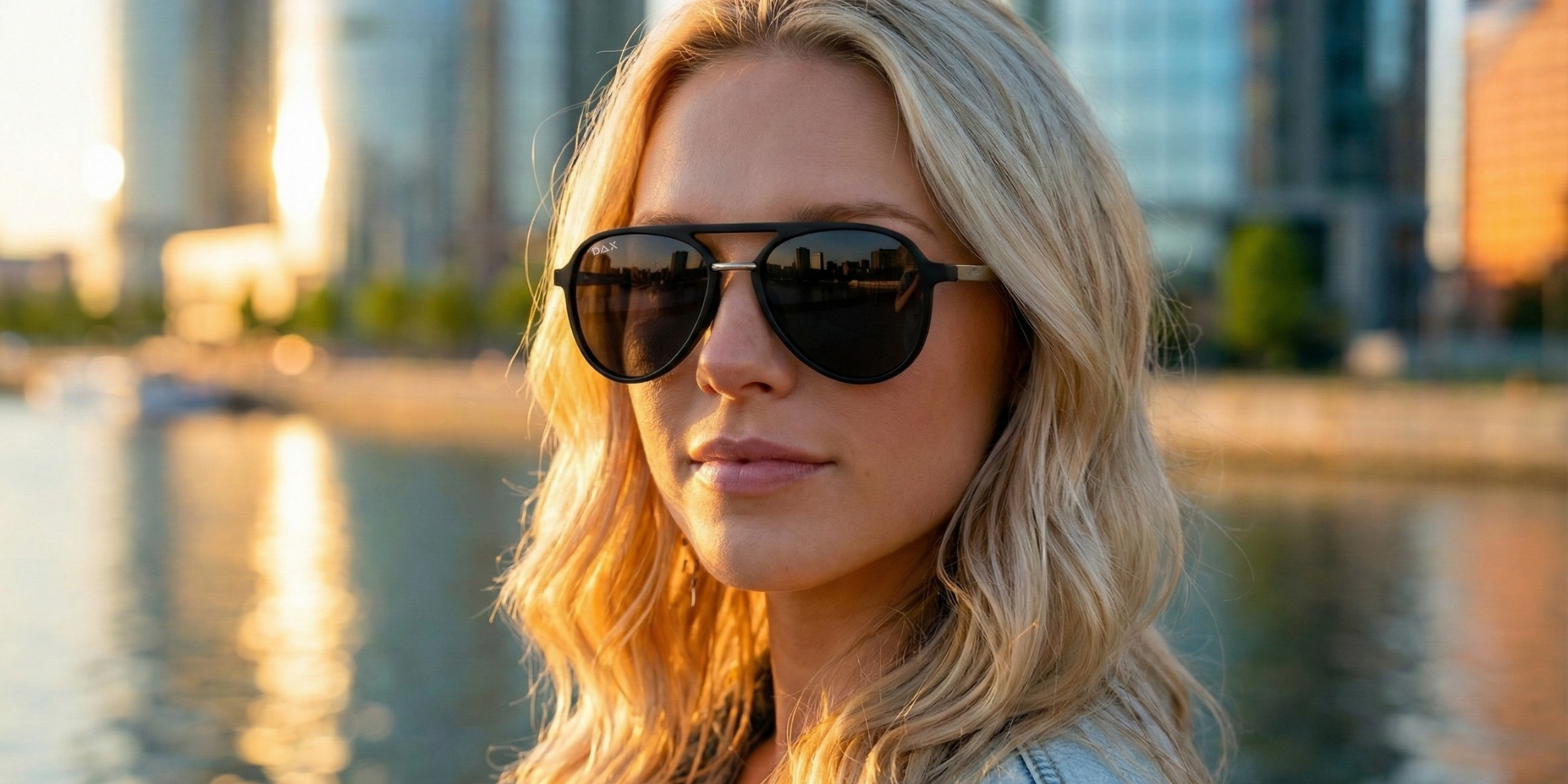 Woman wearing sunglasses with a cityscape and water in the background