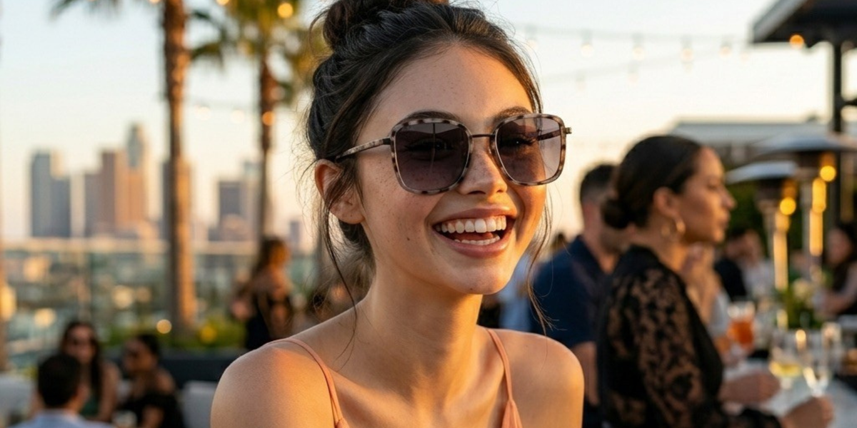 A woman smiling outdoors at a rooftop bar or restaurant, wearing oversized dark sunglasses with a gold-toned frame. The background shows a warm sunset city skyline with blurred people and palm trees.