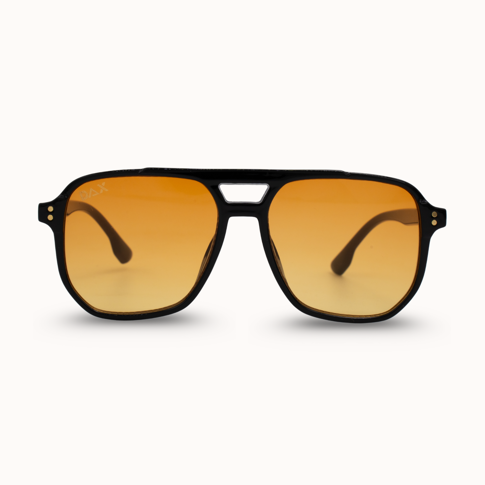 Sunglasses with orange lenses and black frames on a white background