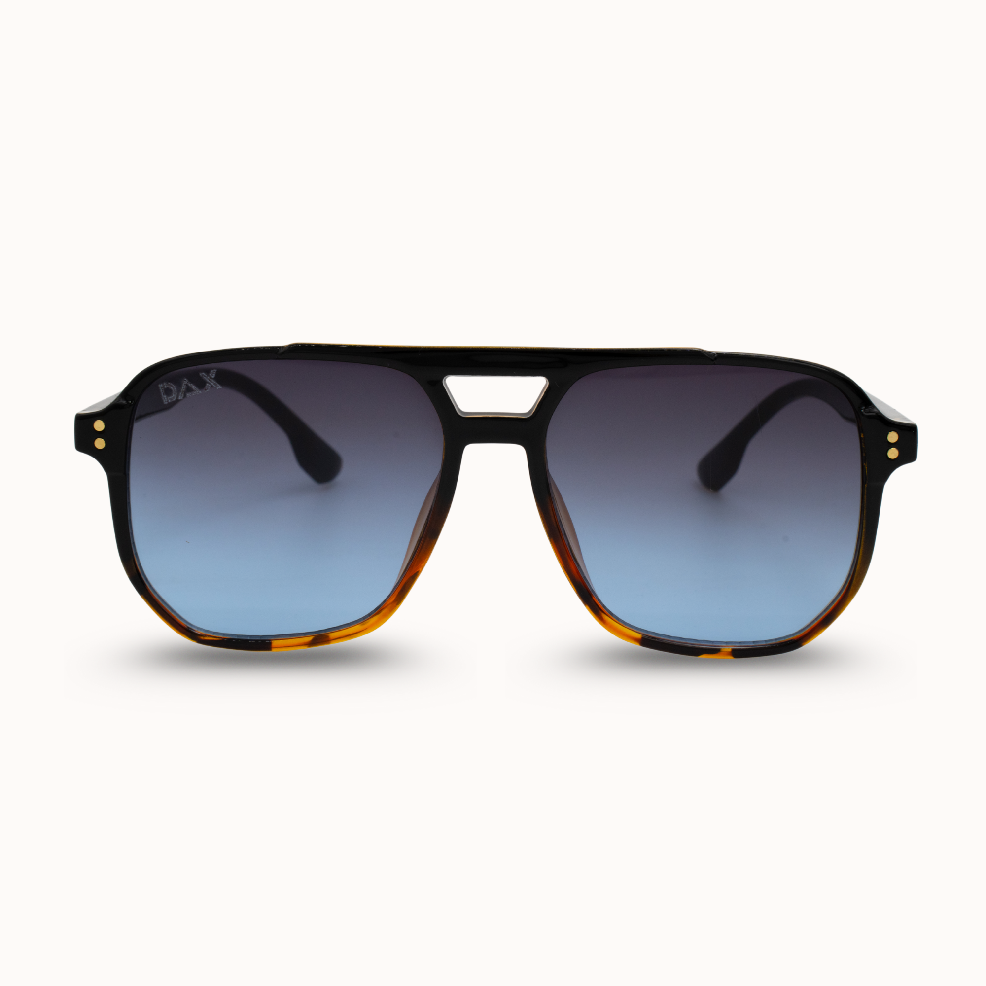 Sunglasses with a tortoiseshell frame and blue gradient lenses on a white background
