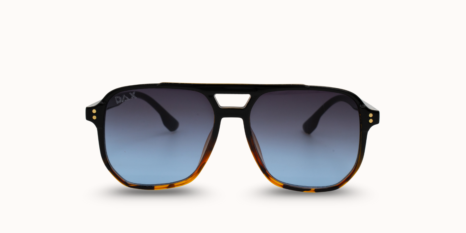 Sunglasses with a tortoiseshell frame and blue gradient lenses on a white background