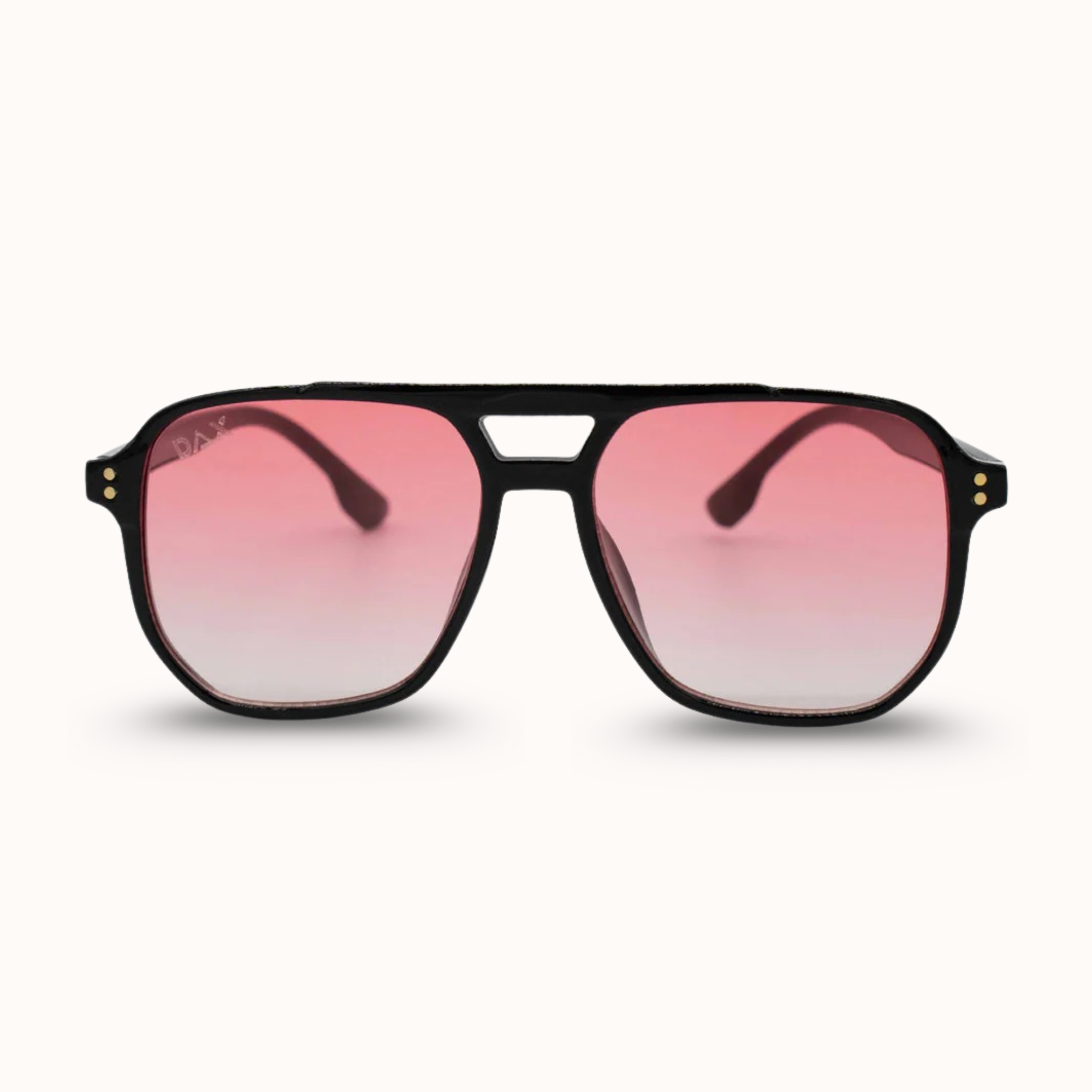 Sunglasses with pink gradient lenses on a white background