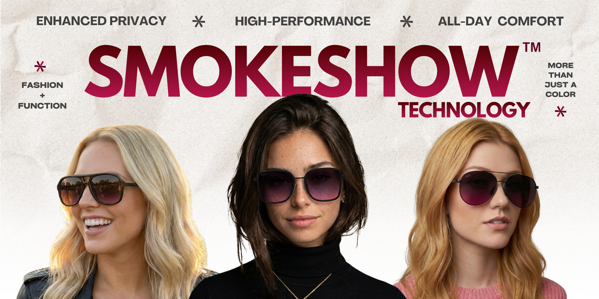 Advertisement for 'Smokeshow' technology with three women wearing sunglasses against a white background.