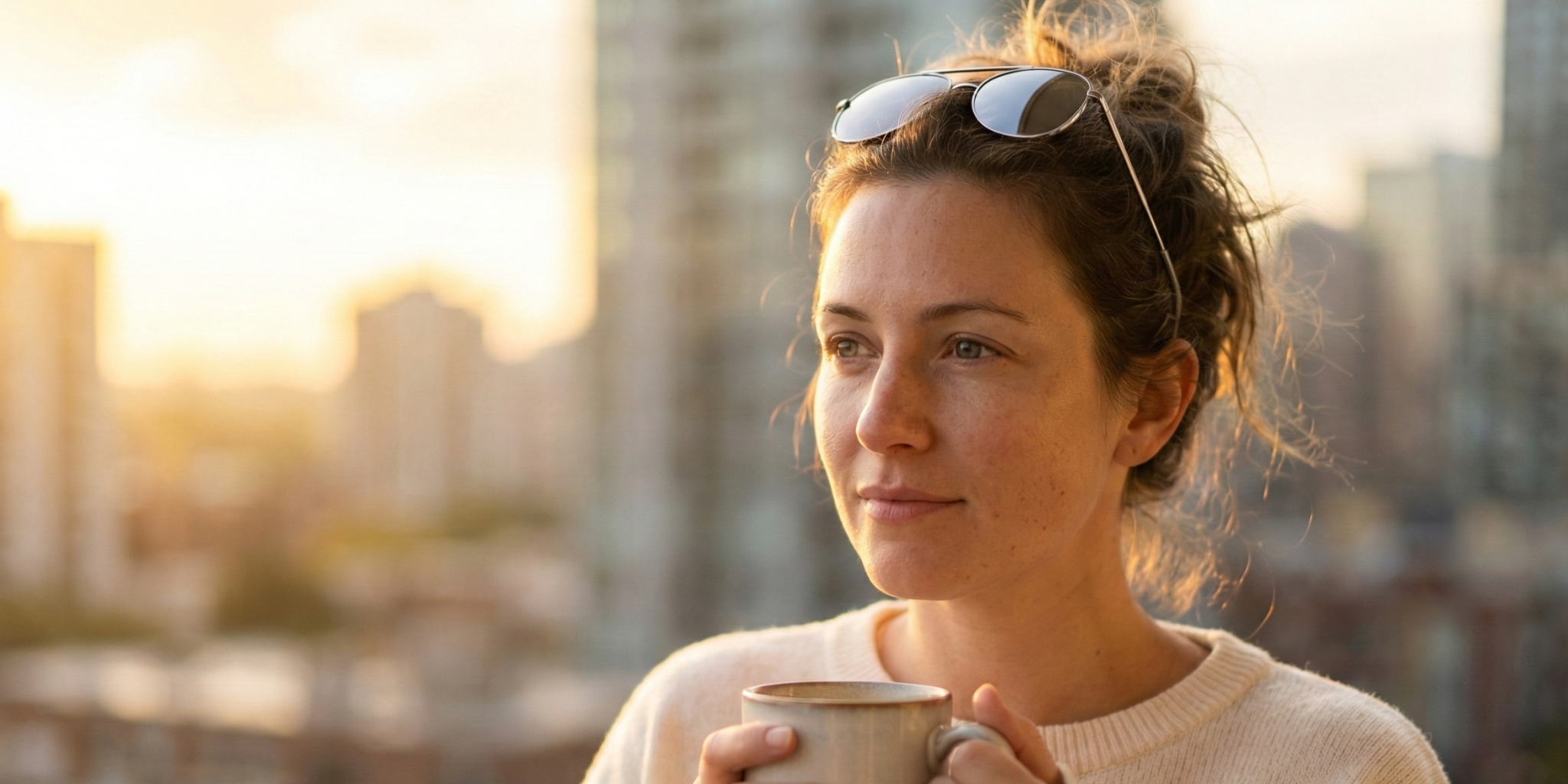 Woman holding a coffee cup with cityscape in the background