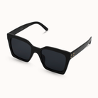 Black sunglasses with gold accents on a white background
