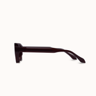 A pair of sunglasses with a glossy, dark reddish-brown acetate frame, shown in a side profile view against a solid off-white background.